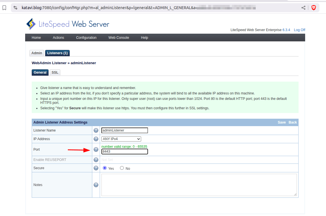 LiteSpeed WebAdmin port change to 8443
